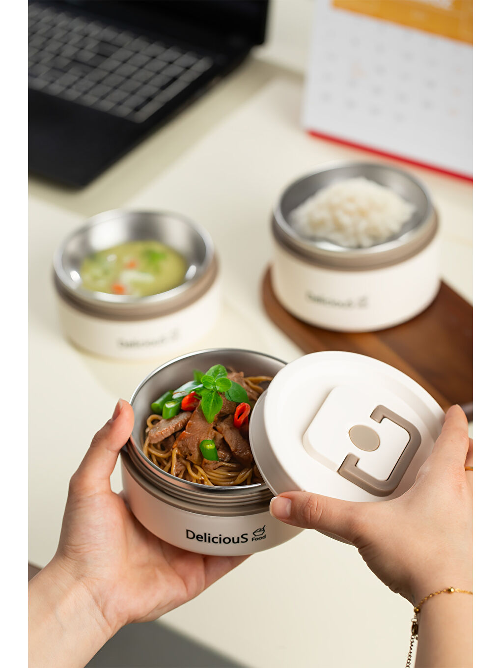 Ekru 3112 Isı Yalıtımlı Çanta Çelik 3 Parça Vakumlu Yemek Termosu Beslenme Kutusu Lunch Box-3