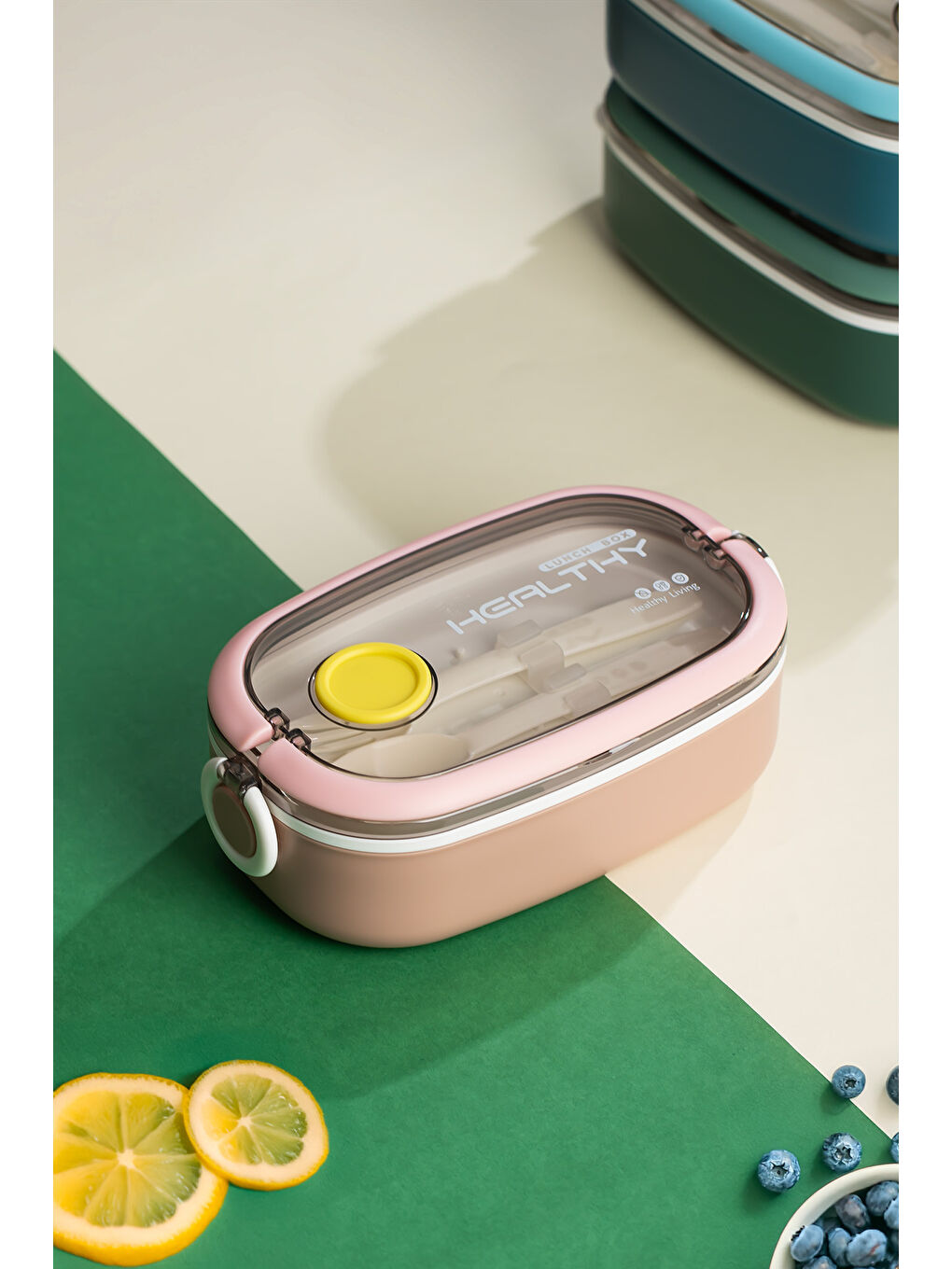 Posima 3114 Vakumlu Lunch Box Çelik Kolay Kilitlenir Kendinden Kaşıklı Sefer Tası – 750ml Pembe-2