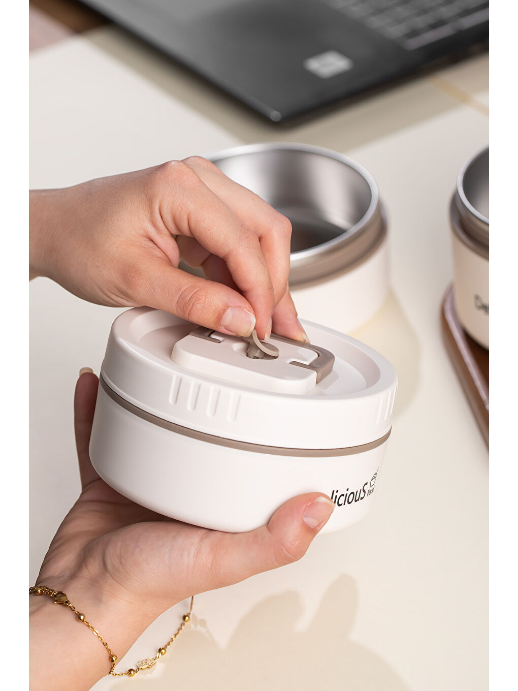 Ekru 3112 Isı Yalıtımlı Çanta Çelik 3 Parça Vakumlu Yemek Termosu Beslenme Kutusu Lunch Box-4