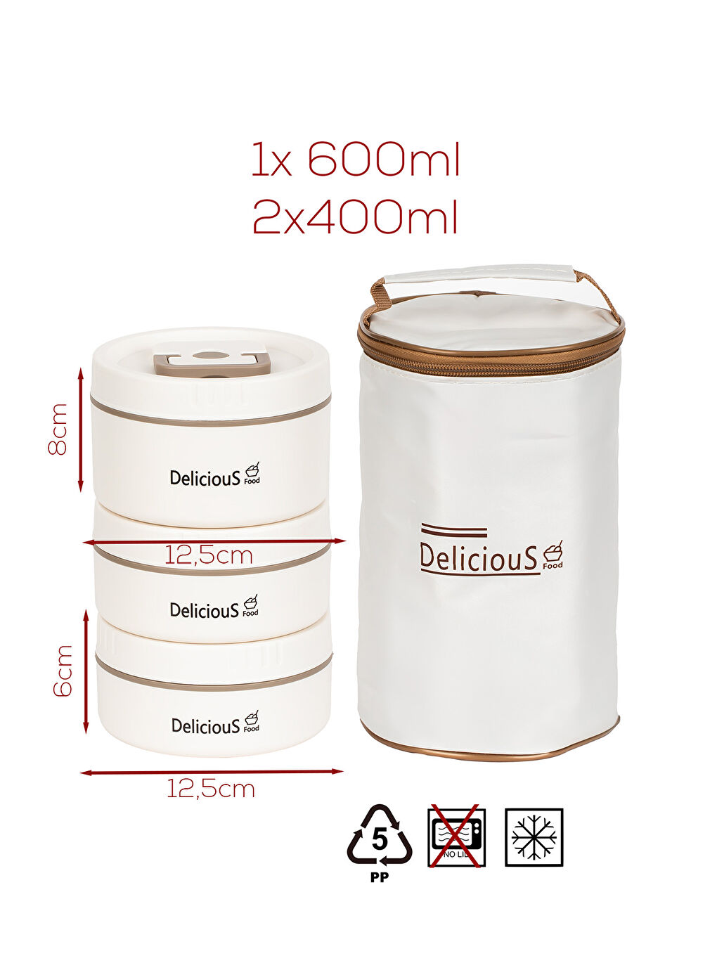 Ekru 3112 Isı Yalıtımlı Çanta Çelik 3 Parça Vakumlu Yemek Termosu Beslenme Kutusu Lunch Box-5