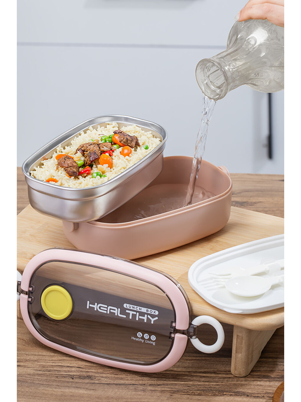 Posima 3114 Vakumlu Lunch Box Çelik Kolay Kilitlenir Kendinden Kaşıklı Sefer Tası – 750ml Pembe-3