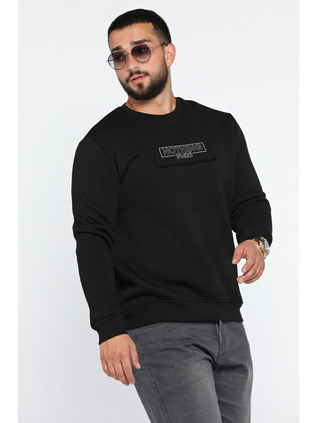 Mishar İtalia Siyah Erkek Yazı Baskılı Şardonlu Üç İplik Sweatshirt