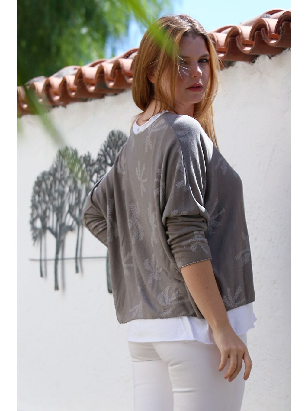 Bej İtalyan Vizon Havuz Yaka Uzun Kol Desenli İnce İkili Set İçi Penye Triko Bluz 70 60-7