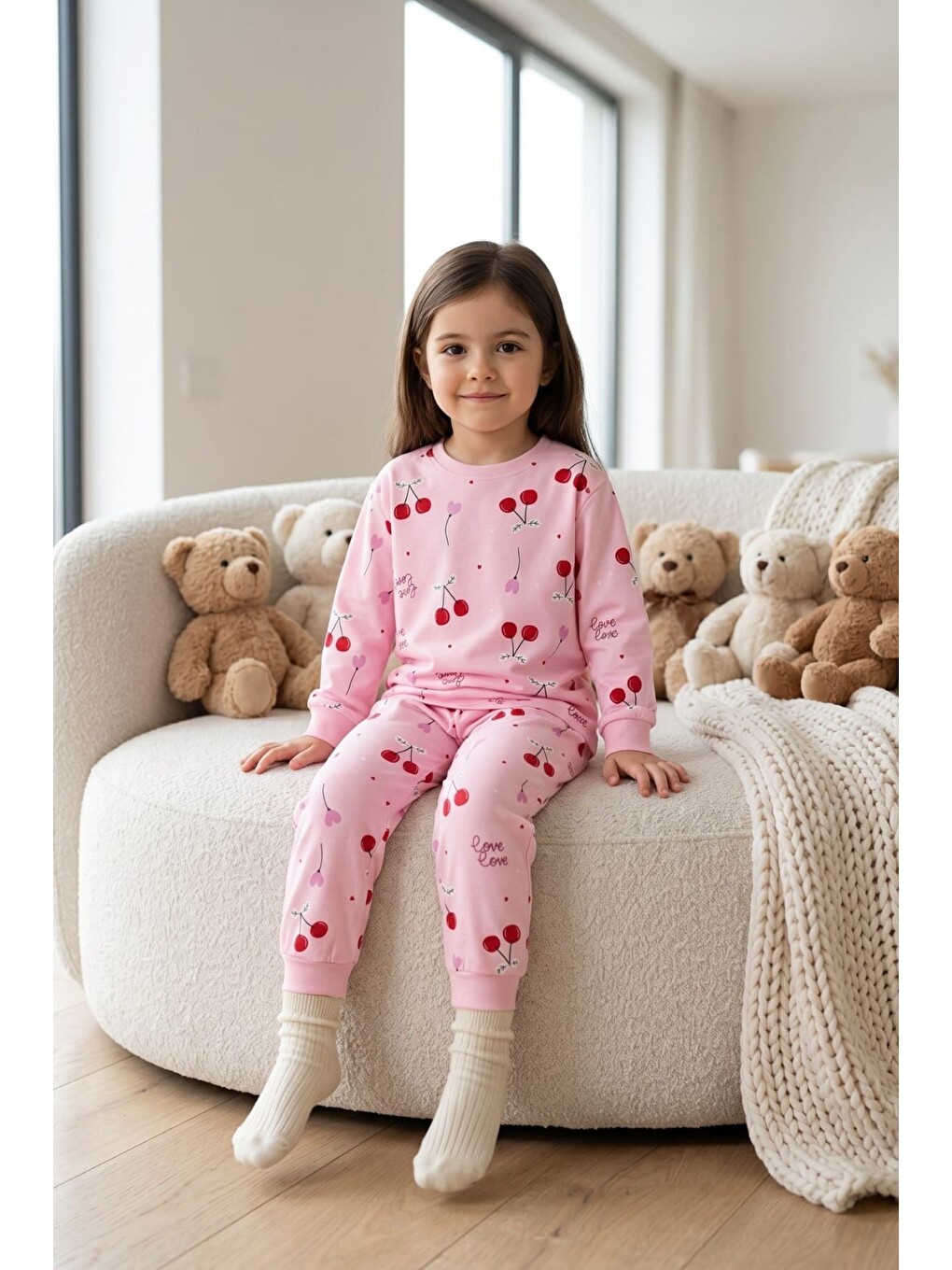 Pembe Kız Çocuk Pamuklu Desenli Pijama Takım Tkm1018-3