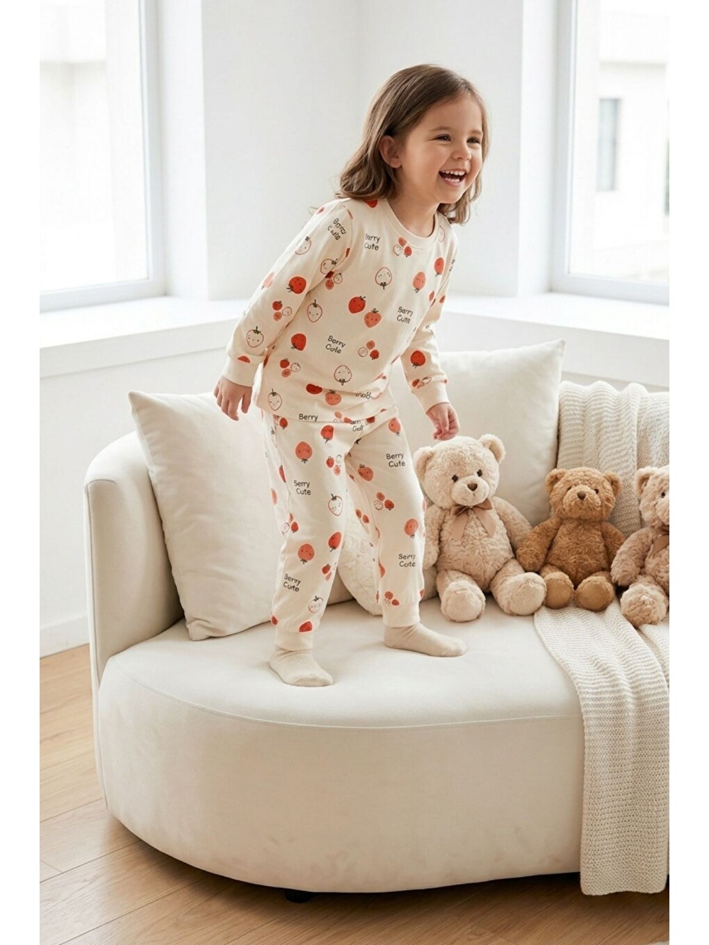 Ekru Kız Çocuk Pamuklu Desenli Pijama Takım Tkm1018-1
