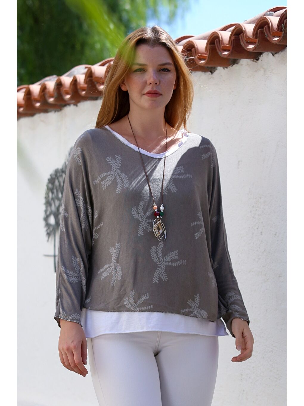 Bej İtalyan Vizon Havuz Yaka Uzun Kol Desenli İnce İkili Set İçi Penye Triko Bluz 70 60-2