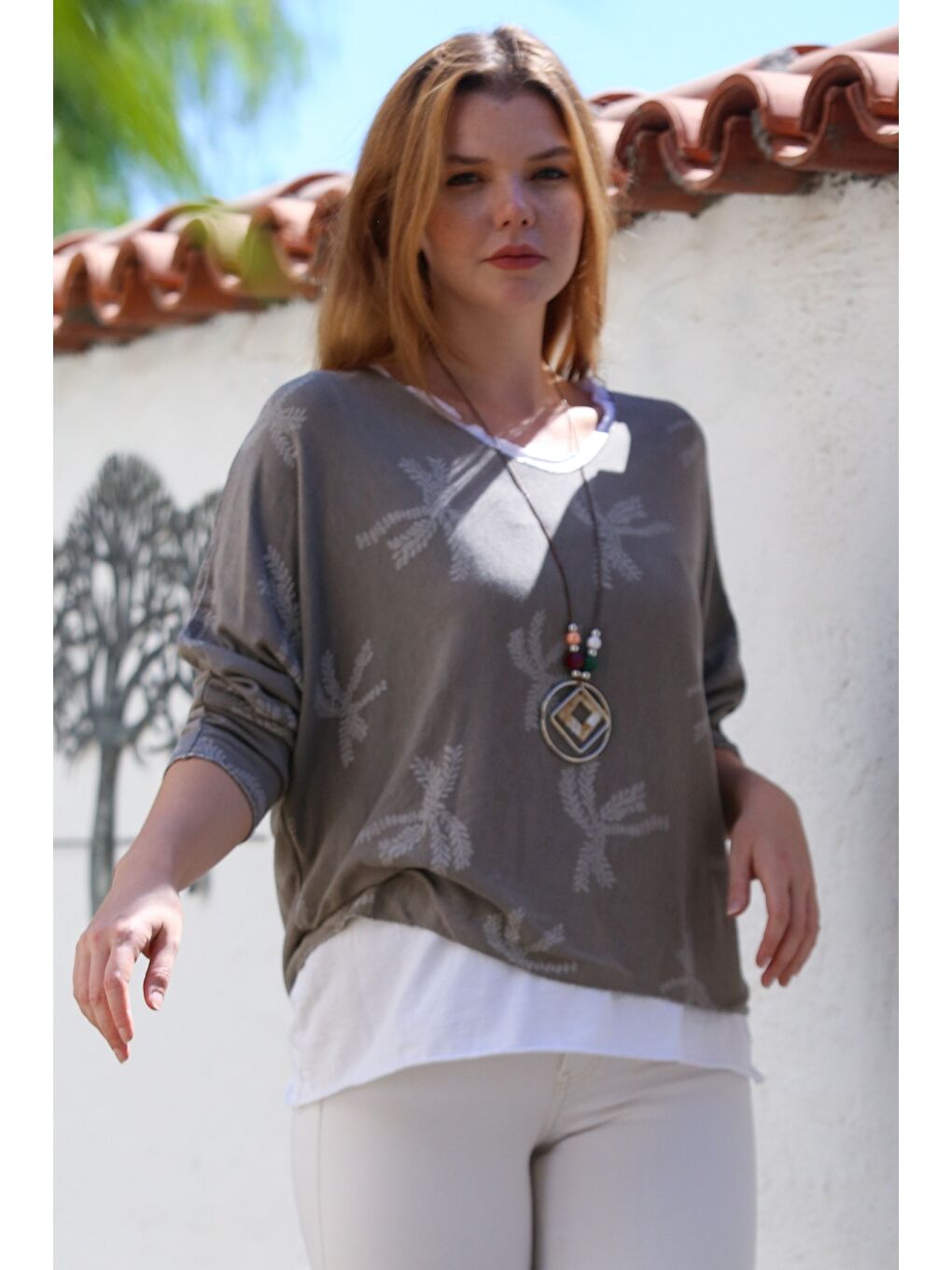 Bej İtalyan Vizon Havuz Yaka Uzun Kol Desenli İnce İkili Set İçi Penye Triko Bluz 70 60-5