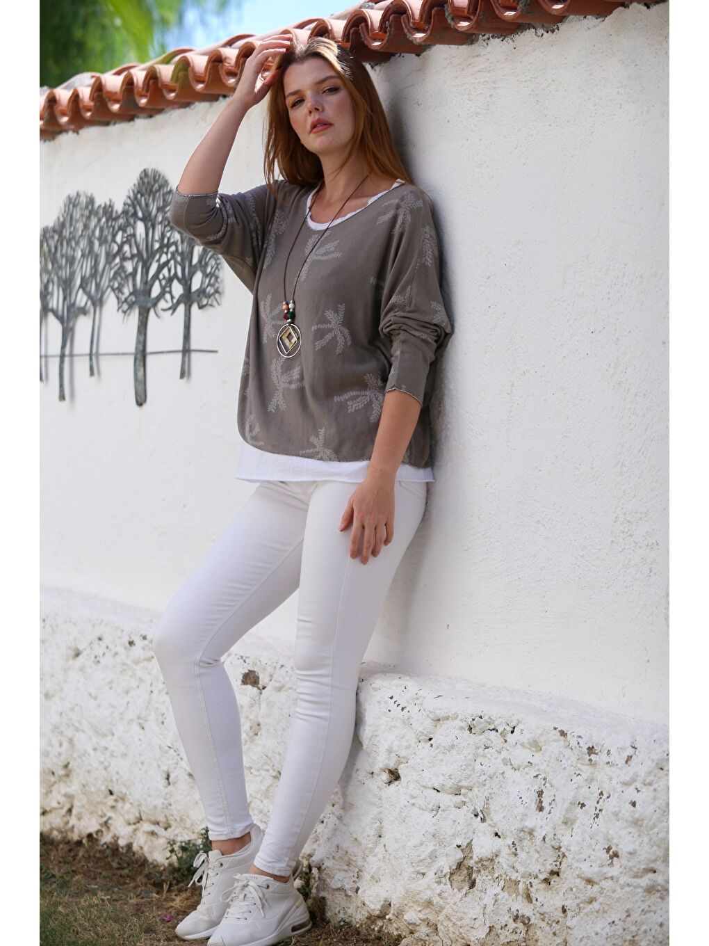 Bej İtalyan Vizon Havuz Yaka Uzun Kol Desenli İnce İkili Set İçi Penye Triko Bluz 70 60-6