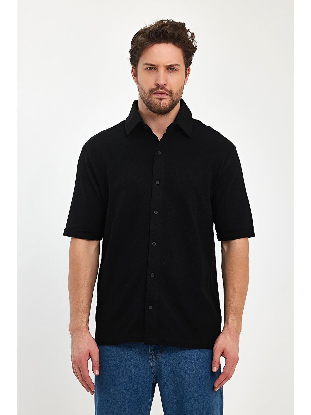 Siyah Erkek Önü Düğmeli Erkek Gömlek Tişört