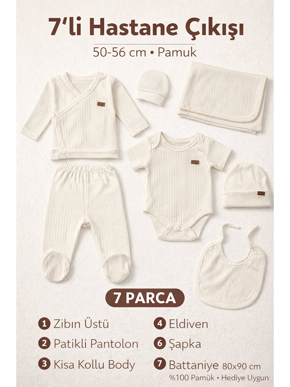 Ekru Yenidoğan Bebek Fitilli 7li Hastane Çıkış Seti %100 Pamuk Battaniyeli Hediyelik 0-3 ay