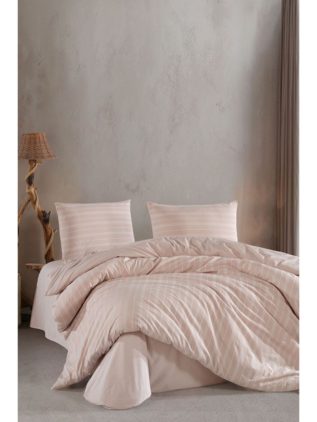 Lastikli Saten Çizgili Çift Kişilik Nevresim Takım Bej