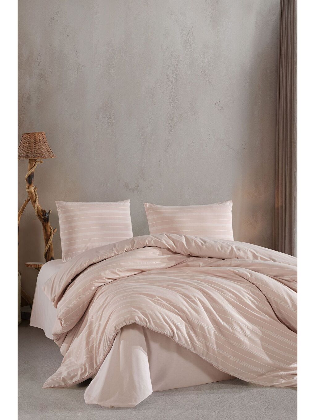 Lastikli Saten Çizgili Çift Kişilik Nevresim Takım Bej-1