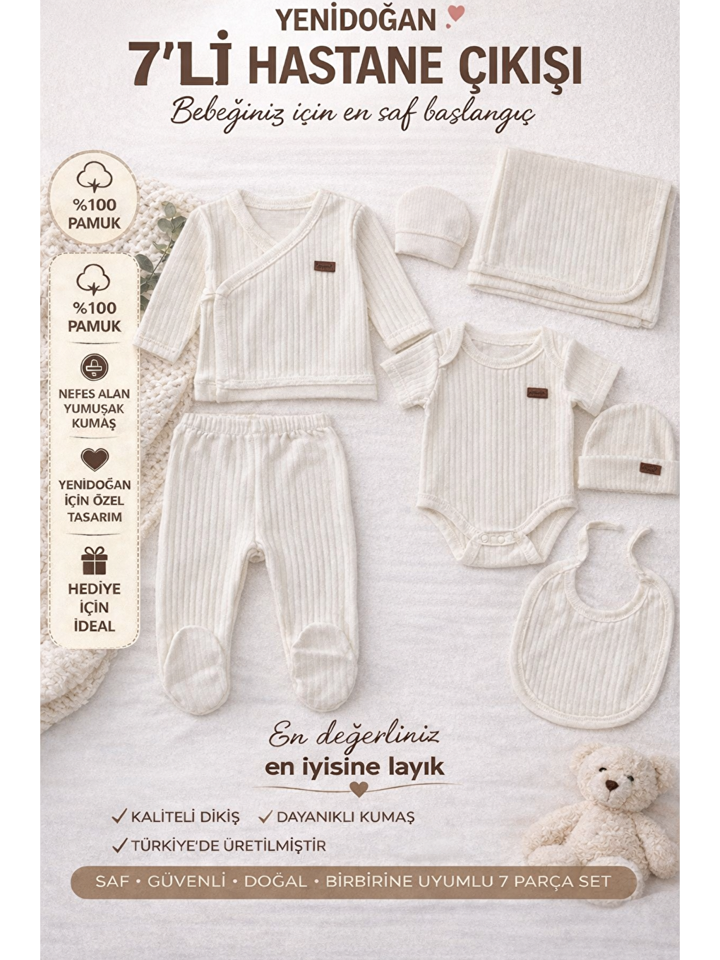 Ekru Yenidoğan Bebek Fitilli 7li Hastane Çıkış Seti %100 Pamuk Battaniyeli Hediyelik 0-3 ay-1