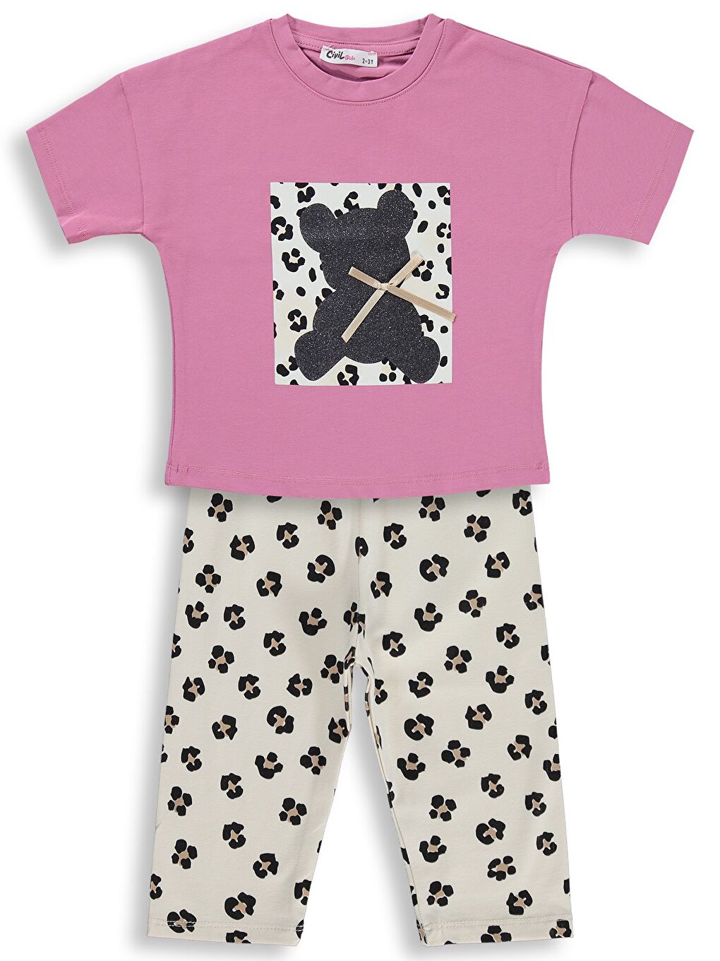 Girls Leopar Ayıcık Desenli 2-5 Yaş Takım - Pembe