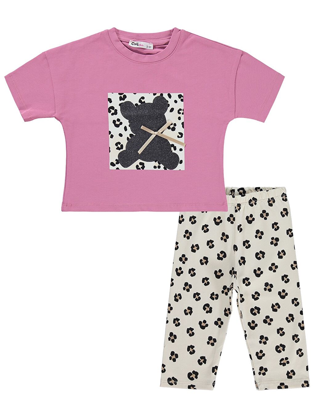 Girls Leopar Ayıcık Desenli 2-5 Yaş Takım - Pembe-2