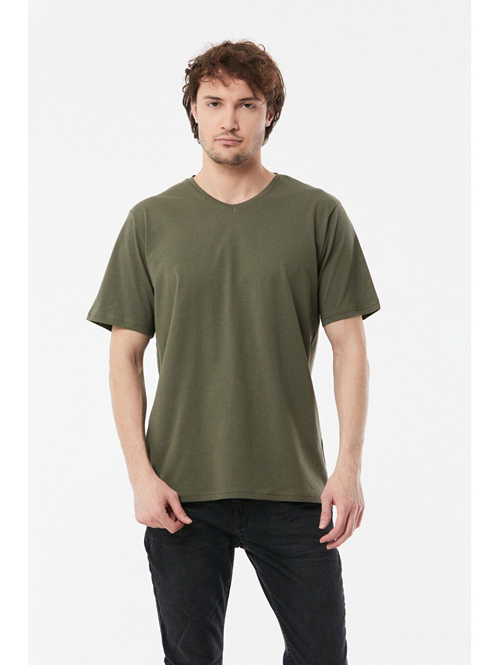 Haki Basic V Yaka Tişört-1