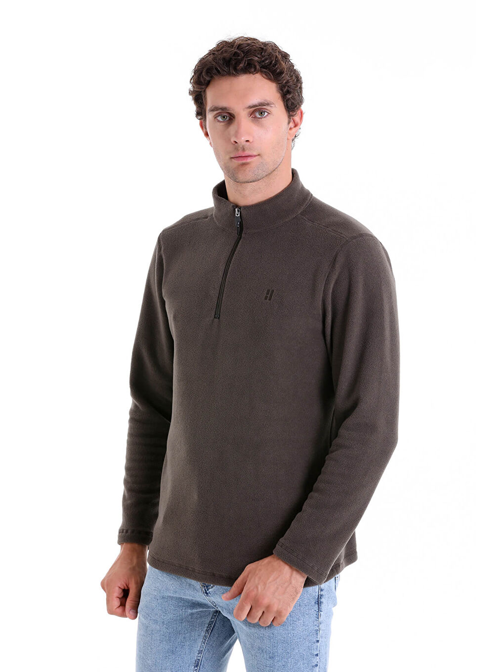 Hatemoğlu Haki Regular Fit Düz Yarım Fermuarlı Bato Yaka Polar Sweatshirt - 1