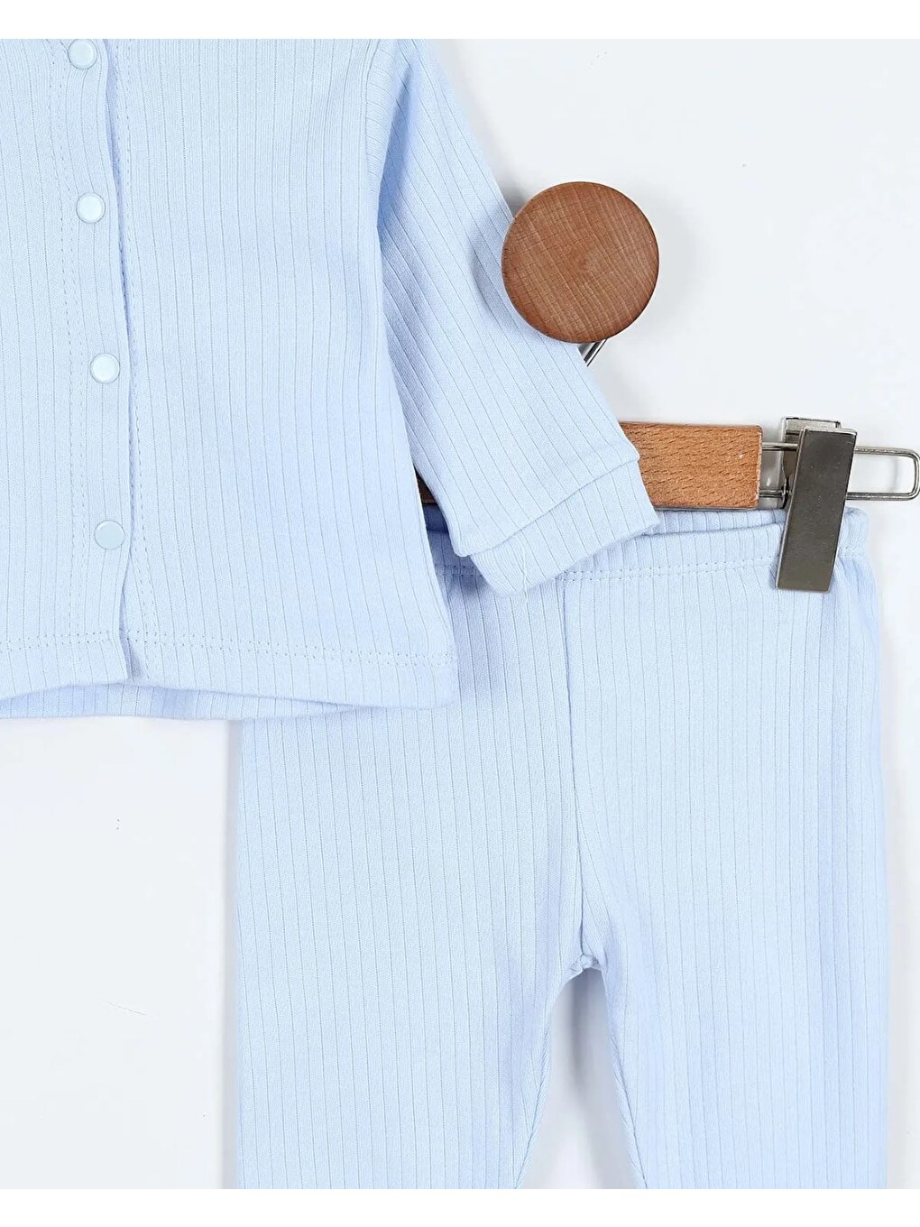 Mavi Çıtçıtlı %100 Pamuk Yenidoğan Fitilli Alt Üst Pijama Takım-3