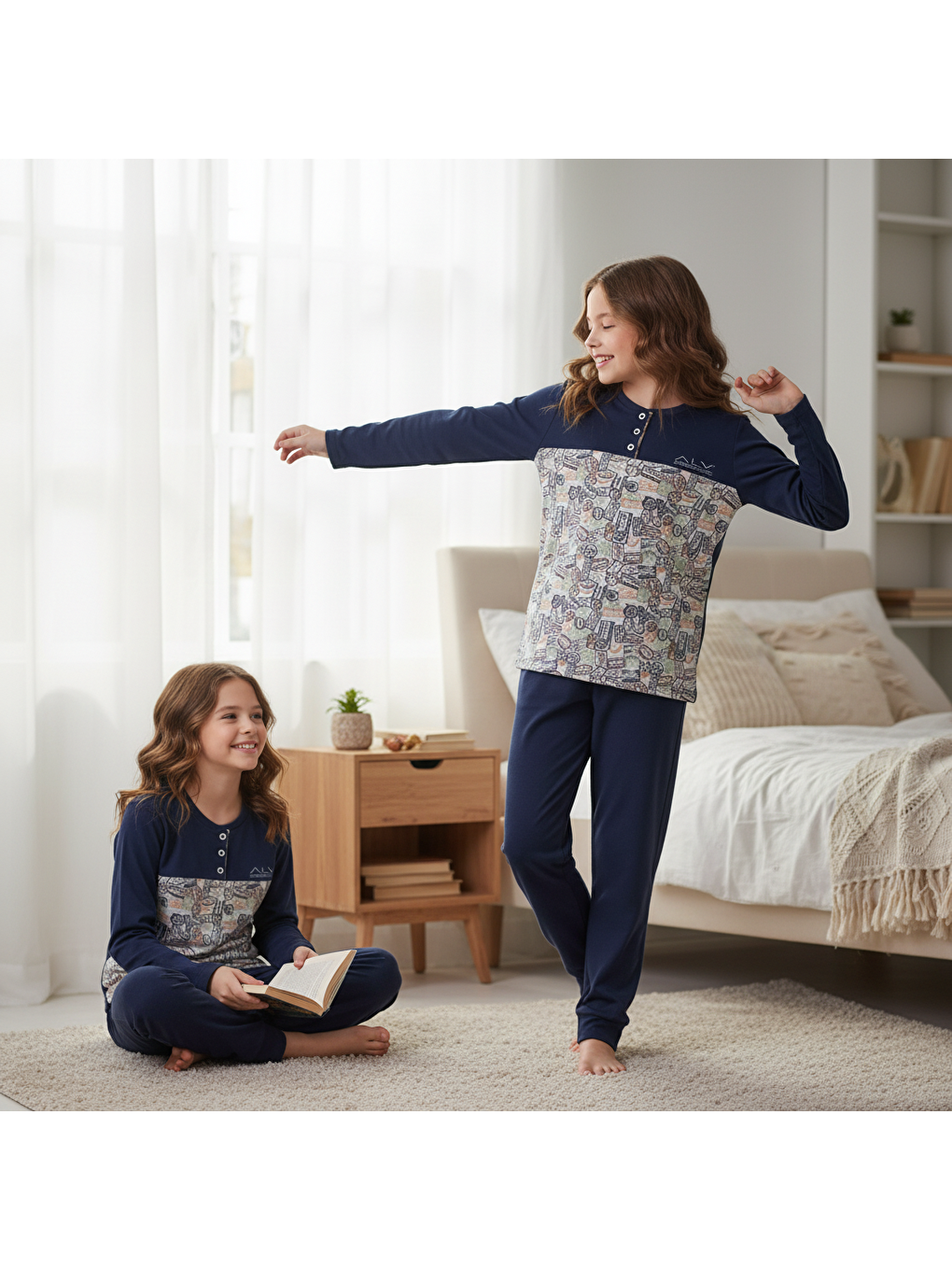 Genç Kız Pamuklu Lacivert - Desenli Renk Pijama Takımı Al501 V2 Bb2443