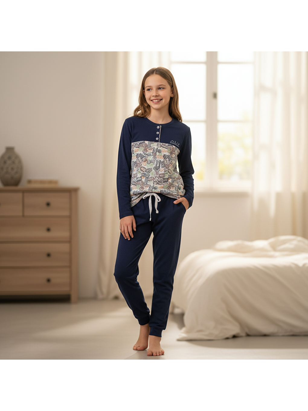 Genç Kız Pamuklu Lacivert - Desenli Renk Pijama Takımı Al501 V2 Bb2443-2