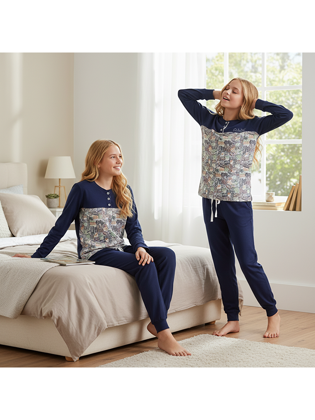Genç Kız Pamuklu Lacivert - Desenli Renk Pijama Takımı Al501 V2 Bb2443-3