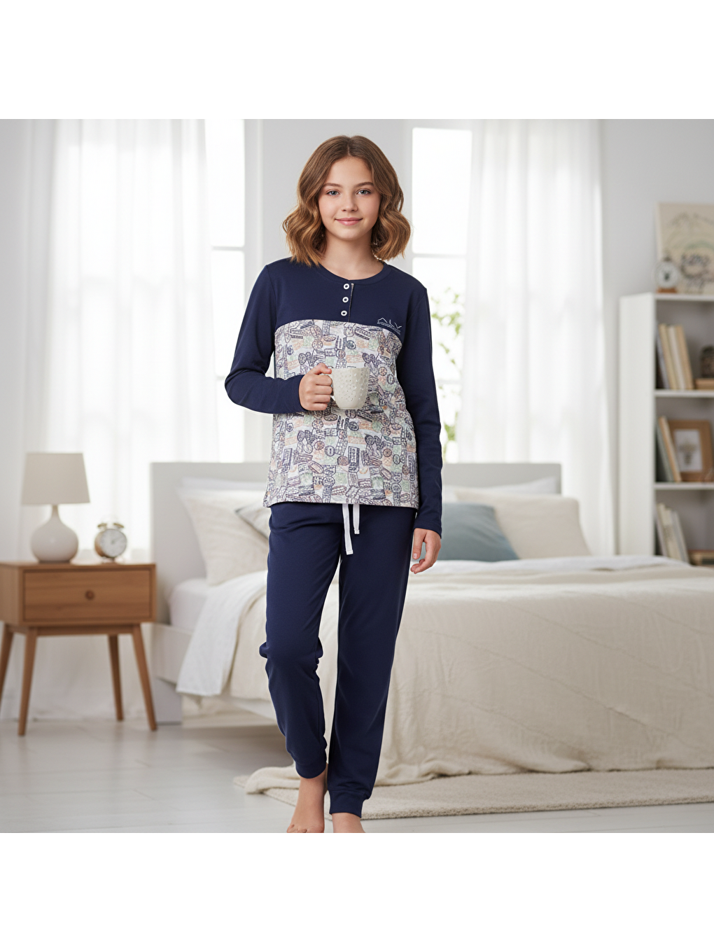 Genç Kız Pamuklu Lacivert - Desenli Renk Pijama Takımı Al501 V2 Bb2443-4