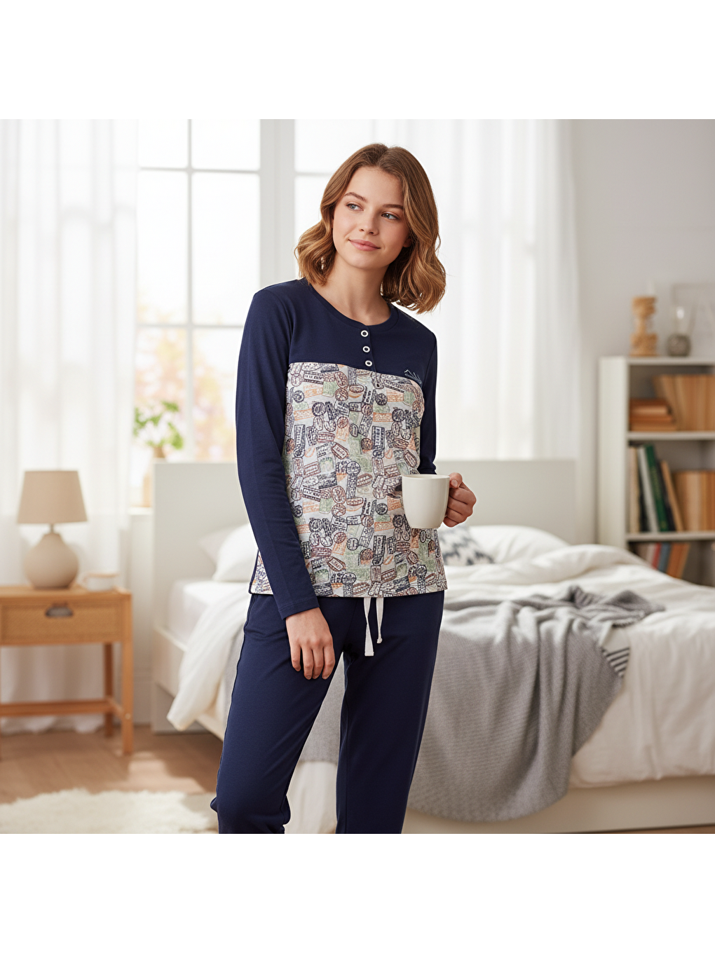 Genç Kız Pamuklu Lacivert - Desenli Renk Pijama Takımı Al501 V2 Bb2443-5