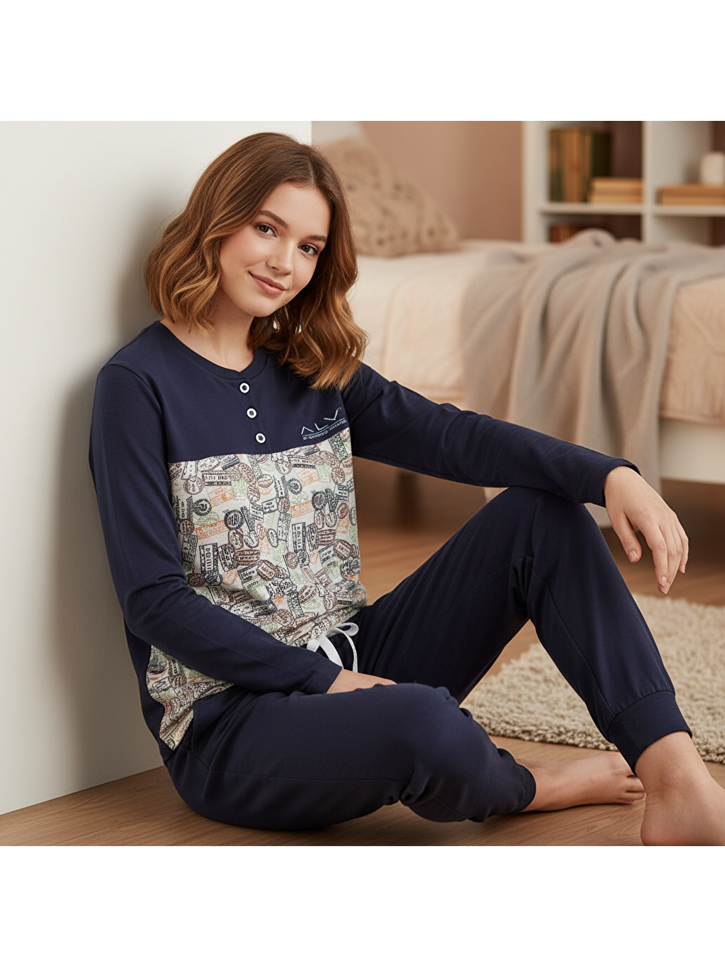 Genç Kız Pamuklu Lacivert - Desenli Renk Pijama Takımı Al501 V2 Bb2443-6