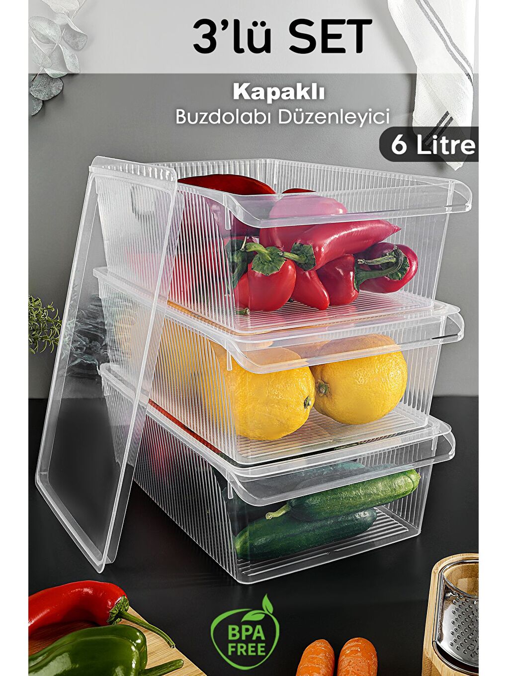 Renksiz 3 Adet Kapaklı Dolap İçi Buzdolabı Düzenleyici 6 lt