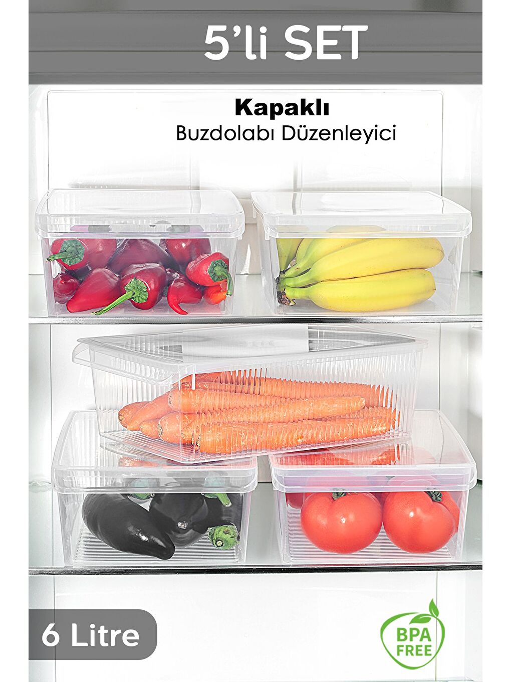 Renksiz 5 Adet Kapaklı Dolap İçi Buzdolabı Düzenleyici 6 lt