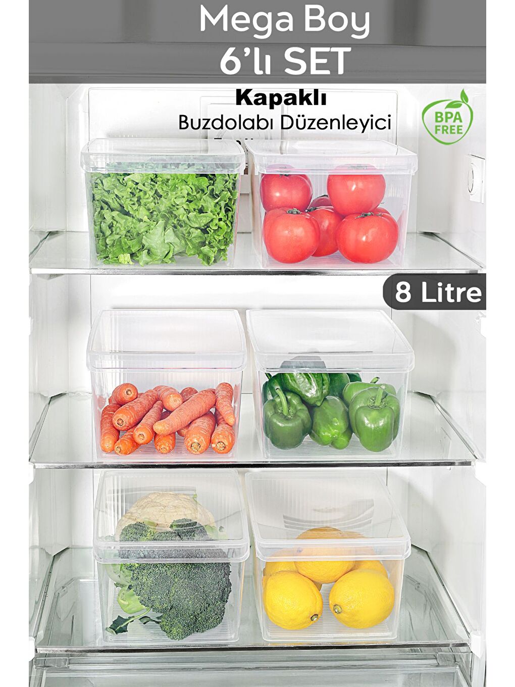 Renksiz 6 Adet Kapaklı Dolap İçi Buzdolabı Düzenleyici 8 lt