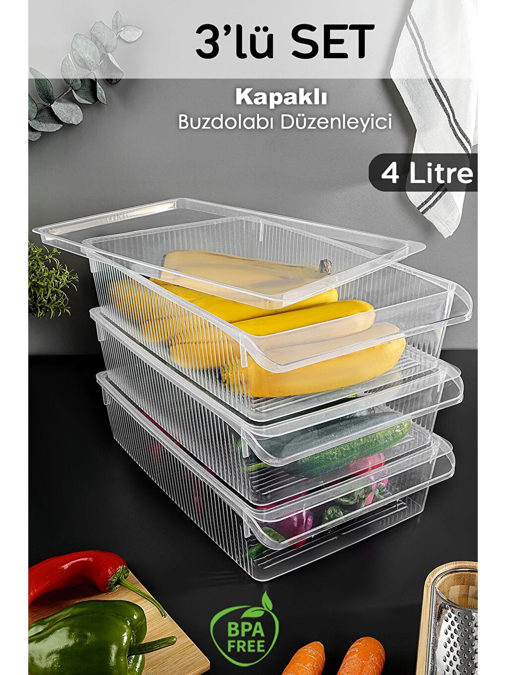 Renksiz 3 Adet Kapaklı Dolap İçi Buzdolabı Düzenleyici 4 lt