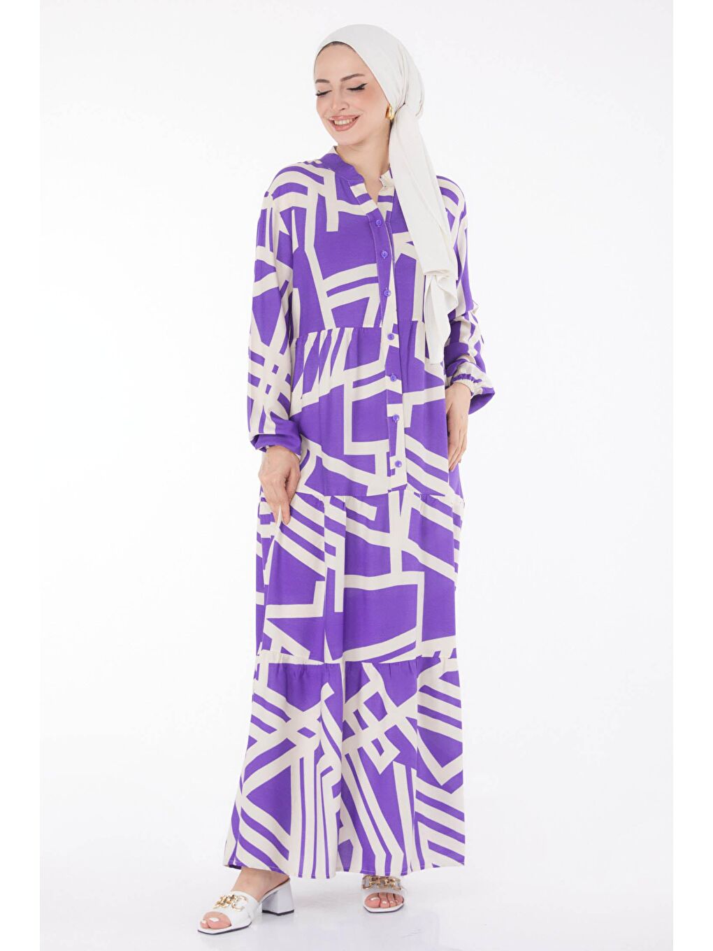 Hakim Yaka Kadın Mor Labirent Desenli Elbise - 25707