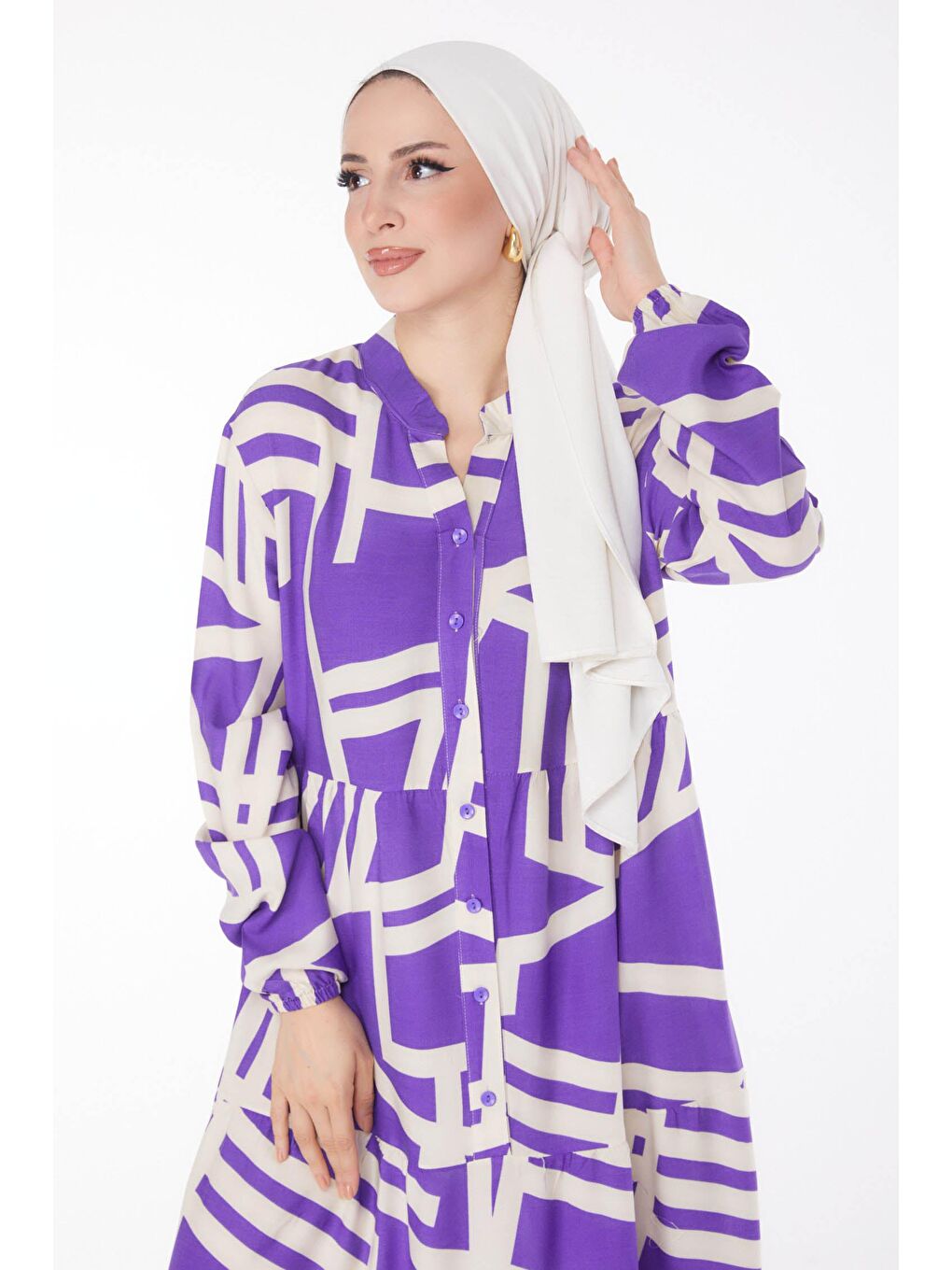 Hakim Yaka Kadın Mor Labirent Desenli Elbise - 25707-1