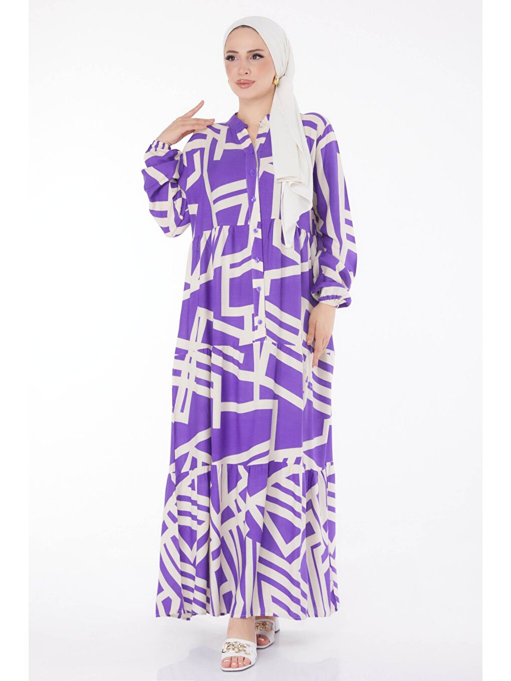 Hakim Yaka Kadın Mor Labirent Desenli Elbise - 25707-2
