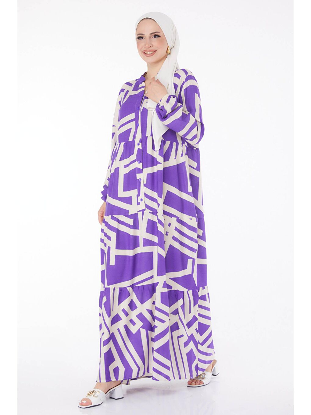 Hakim Yaka Kadın Mor Labirent Desenli Elbise - 25707-3