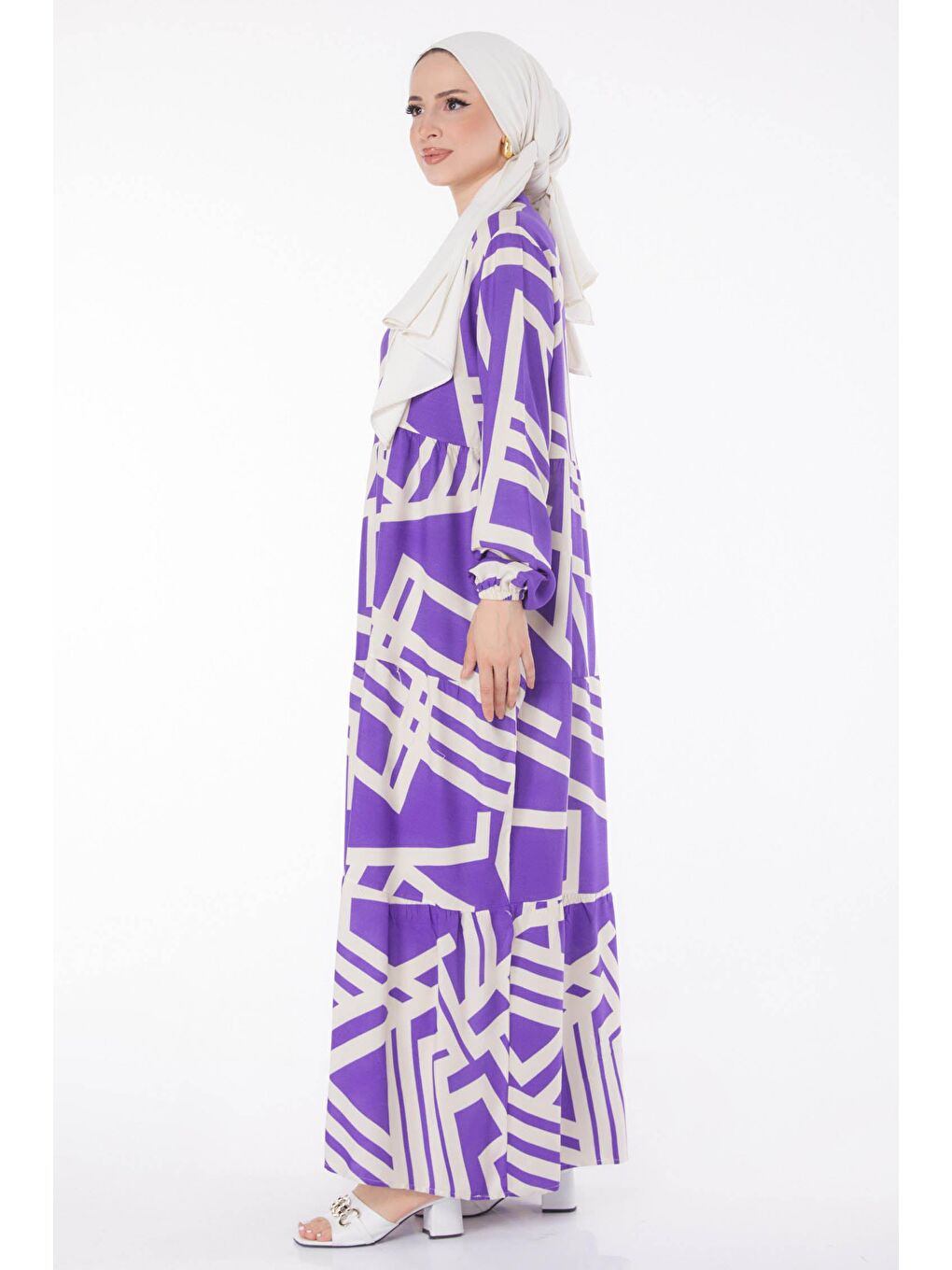 Hakim Yaka Kadın Mor Labirent Desenli Elbise - 25707-4