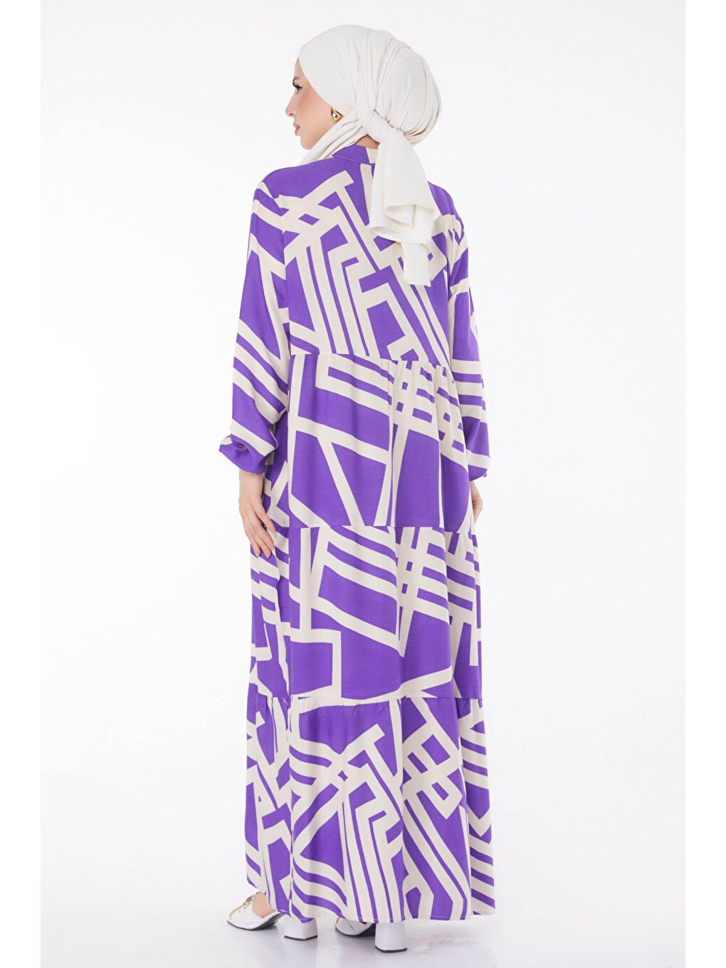 Hakim Yaka Kadın Mor Labirent Desenli Elbise - 25707-5