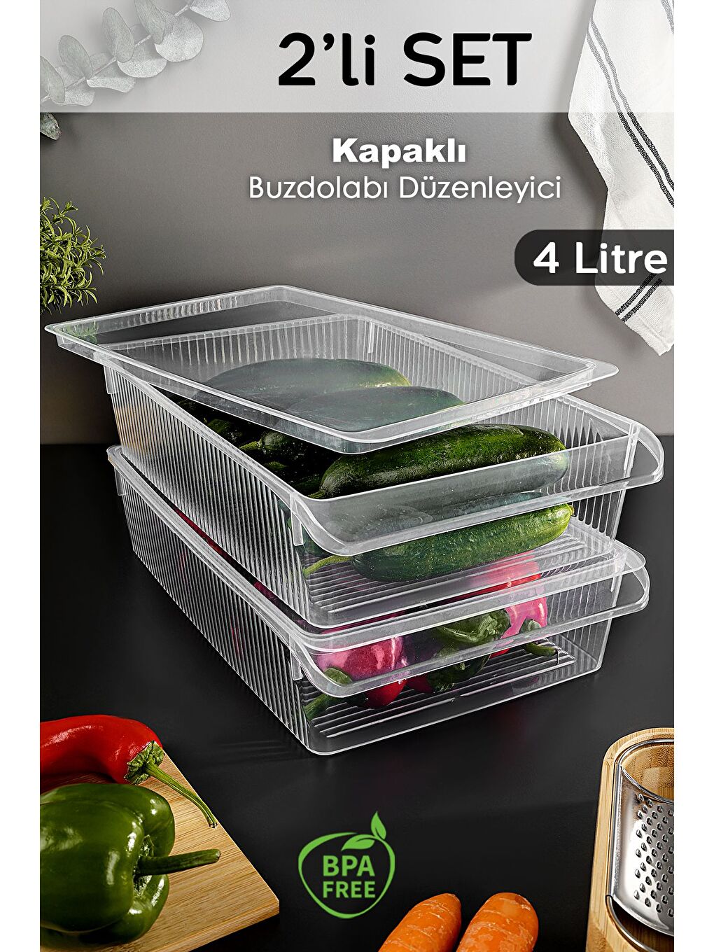 Renksiz 2 Adet Kapaklı Saklama Kabı 4 Litre