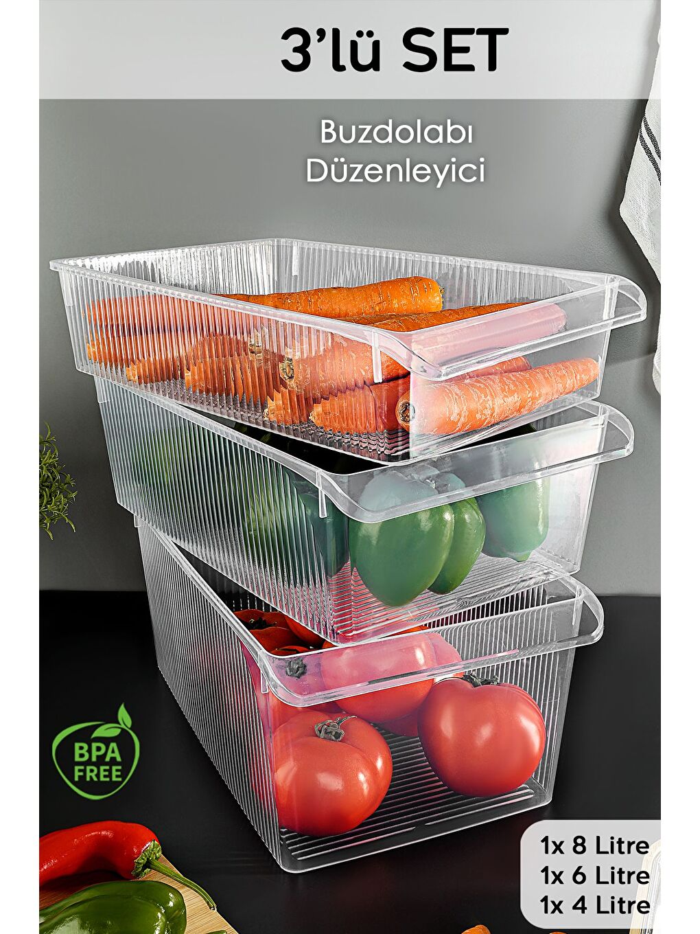 Renksiz 3'lü Buzdolabı Düzenleyici Set Dolap İçi Organizer Sepet Meyve Sebze Saklama Kabı 1x 4 6 8 lt