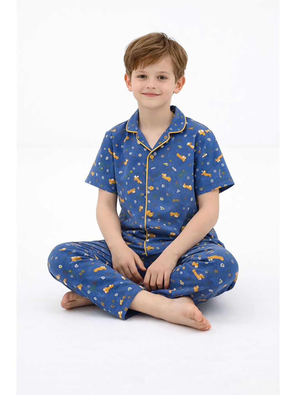 Lacivert Desenli Düğmeli Erkek Çocuk Kısa Kol Pijama Takımı 23825-1