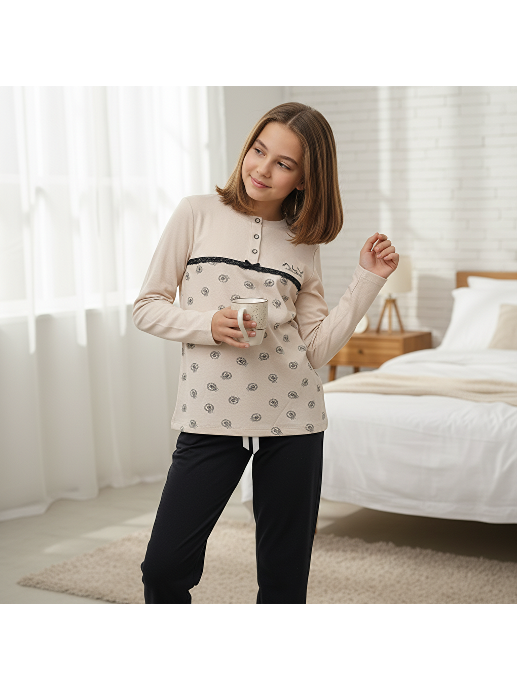 Ekru Genç Kız Pamuklu Vanilya Renk Pijama Takımı Al506 V1 Bb2444-1