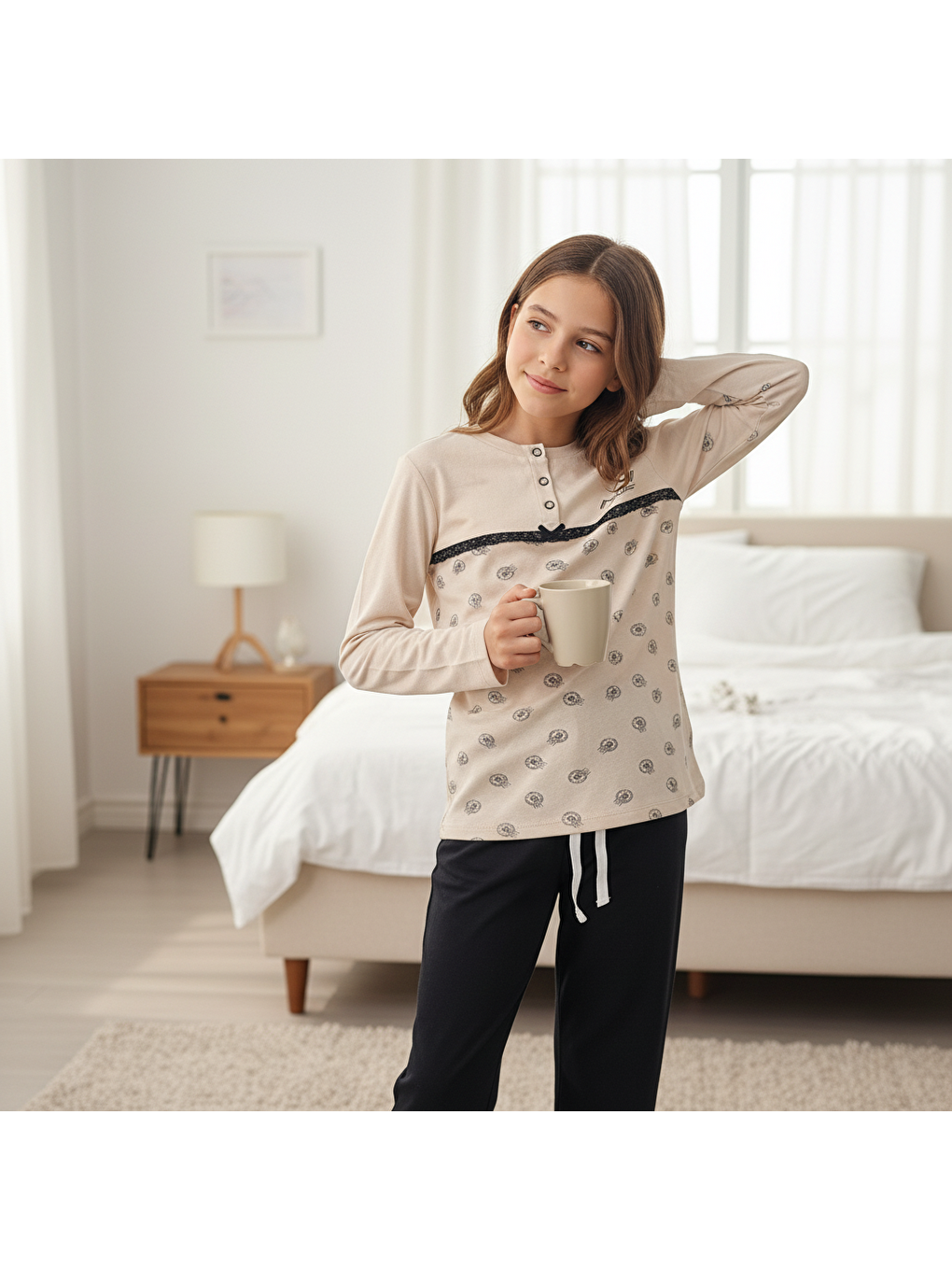 Ekru Genç Kız Pamuklu Vanilya Renk Pijama Takımı Al506 V1 Bb2444-3