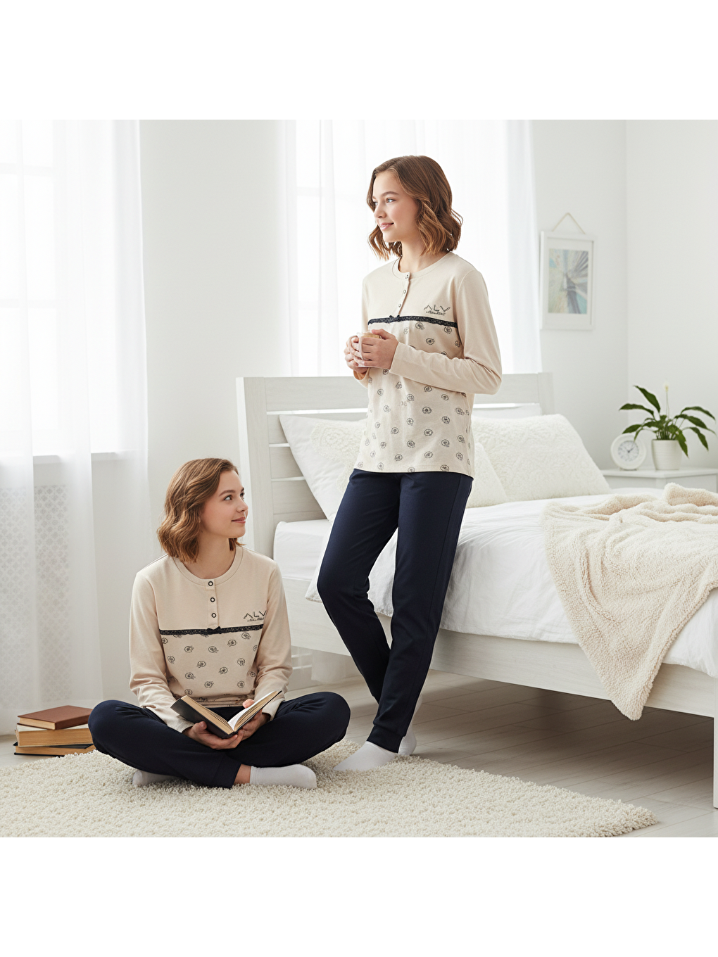 Ekru Genç Kız Pamuklu Vanilya Renk Pijama Takımı Al506 V1 Bb2444-4