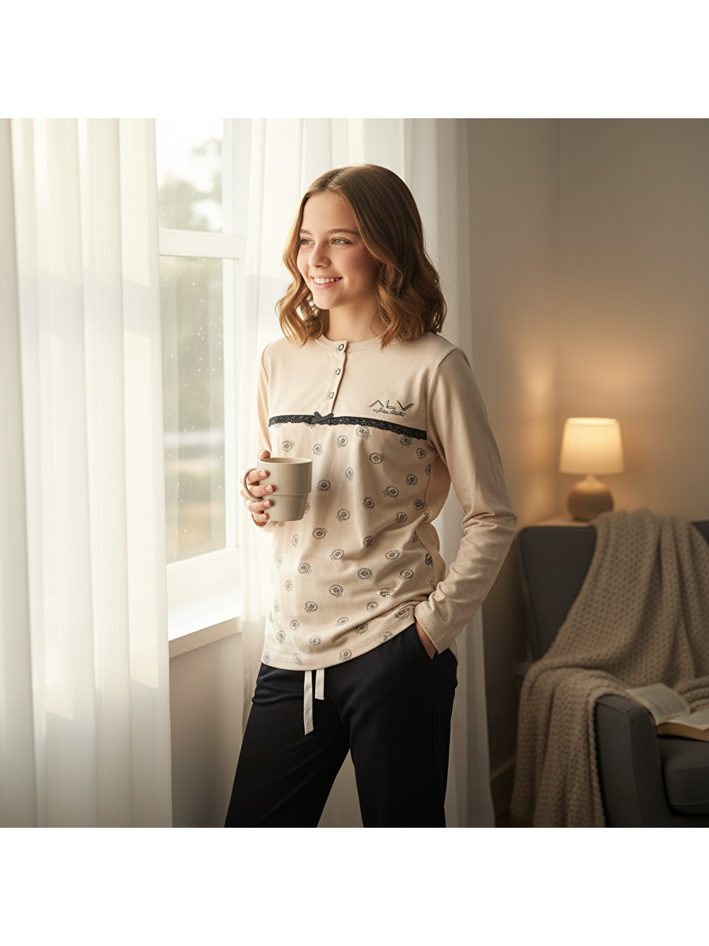 Ekru Genç Kız Pamuklu Vanilya Renk Pijama Takımı Al506 V1 Bb2444-5