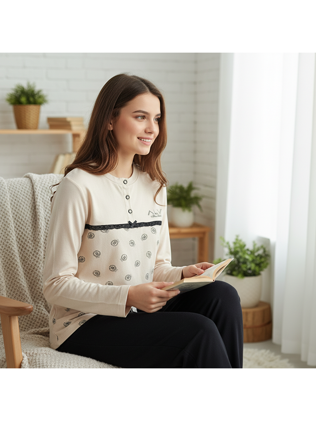 Ekru Genç Kız Pamuklu Vanilya Renk Pijama Takımı Al506 V1 Bb2444-7