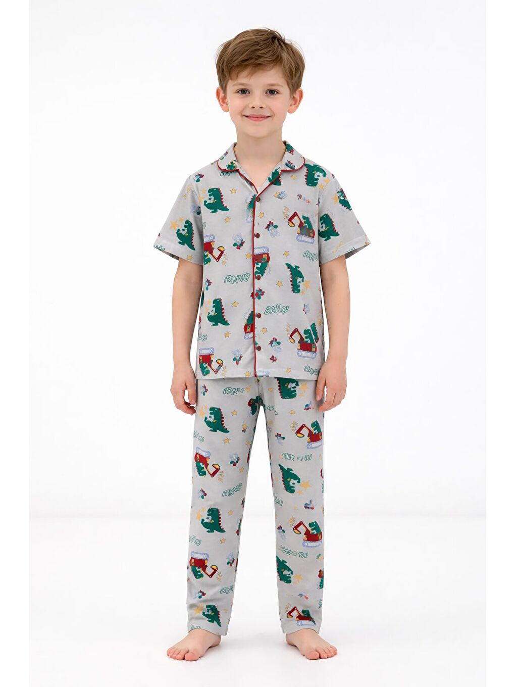 Gri Trex Desenli Düğmeli Erkek Çocuk Kısa Kol Pijama Takımı 23824