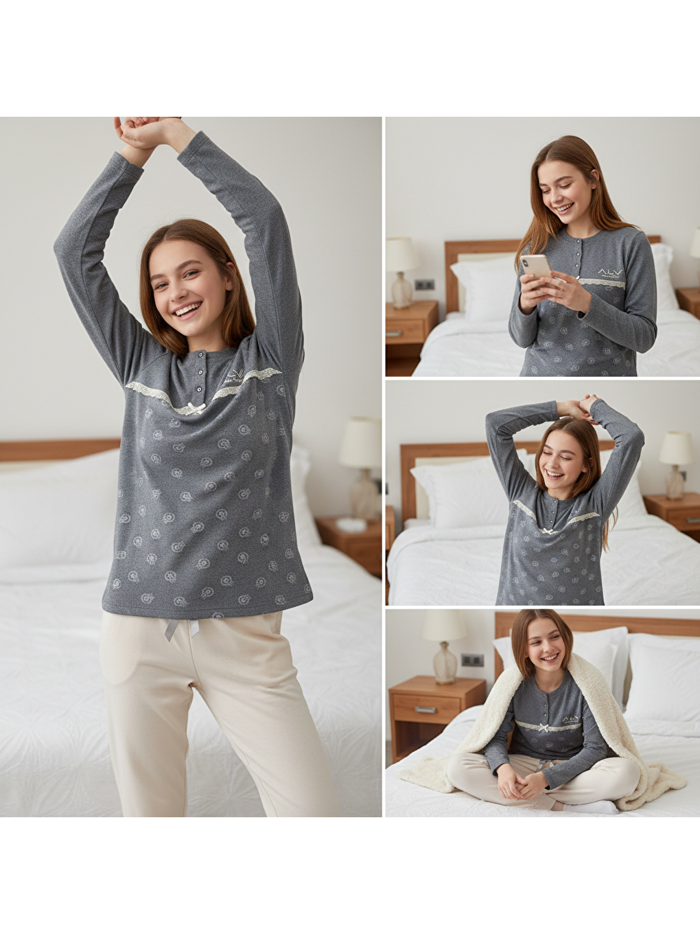 Genç Kız Pamuklu Gri Melanj Desenli Renk Pijama Takımı Al506 V2 Bb2445-2