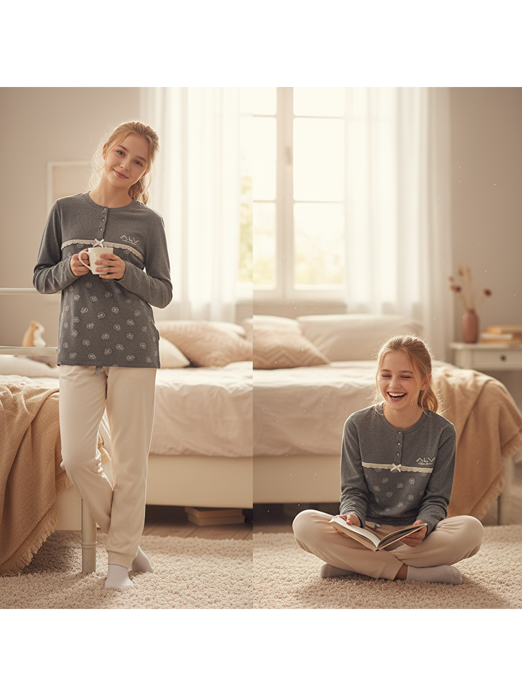 Genç Kız Pamuklu Gri Melanj Desenli Renk Pijama Takımı Al506 V2 Bb2445-3