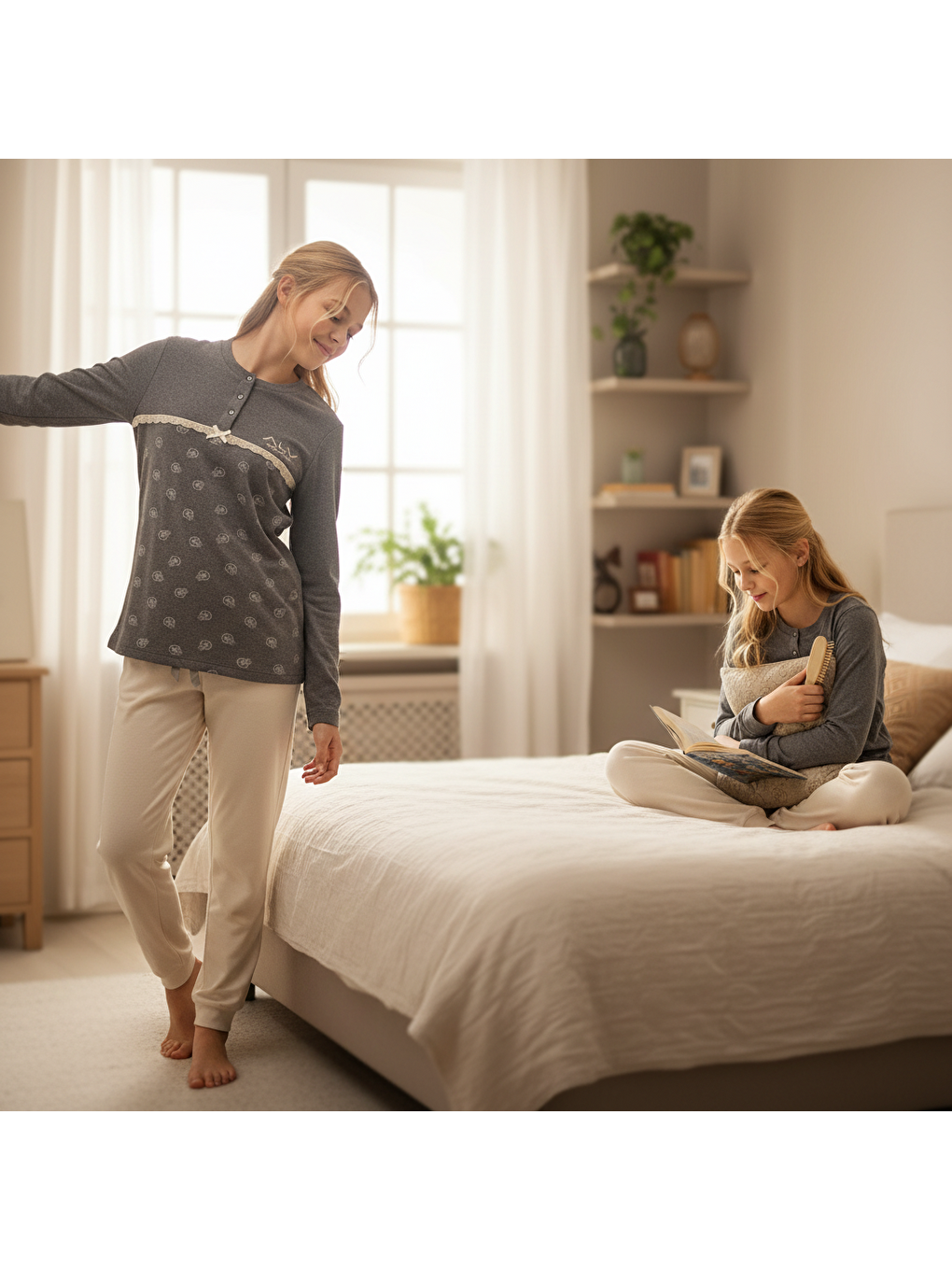 Genç Kız Pamuklu Gri Melanj Desenli Renk Pijama Takımı Al506 V2 Bb2445-6